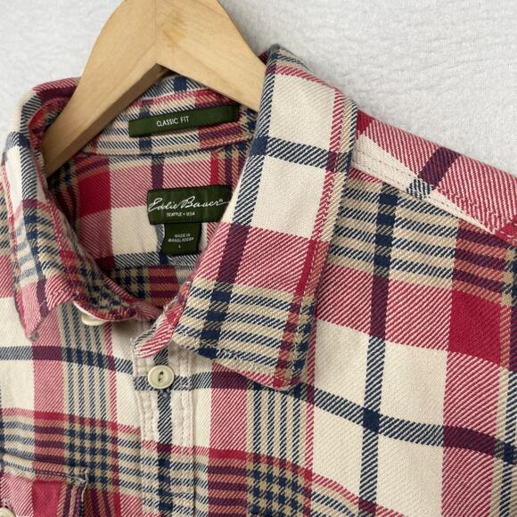 EDDIE BAUER Shirt Mens L Heavy Flannel Plaid Classic Fit Button Up Cotton Red - Picture 1 of 16
